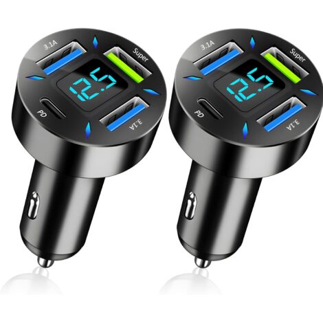 4-Port USB-C Zigarettenanzünder-Adapter, 66W Superschnellladung & PD-Autoladegerät mit LED-Voltmeter für verschiedene Gerätemodelle