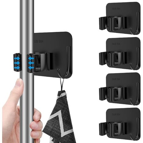 4 Porte-serpillires Et Balais (noirs), Porte-serpillire Sans Perage En Acier Inoxydable Fix Au Mur Avec Pendentif Crochet, Organisateur De Balai E