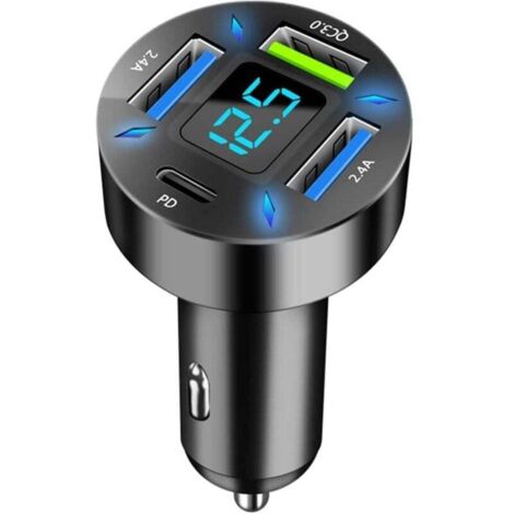 4 Ports Chargeur Voiture Allume Cigare USB, Chargeur Allume Cigare USB Rapide 50W QC3.0&PD Prise Allume Cigare USB avec LED Voltmètre, Compatible avec iPhone, Android, Samsung, Tablette et Smar