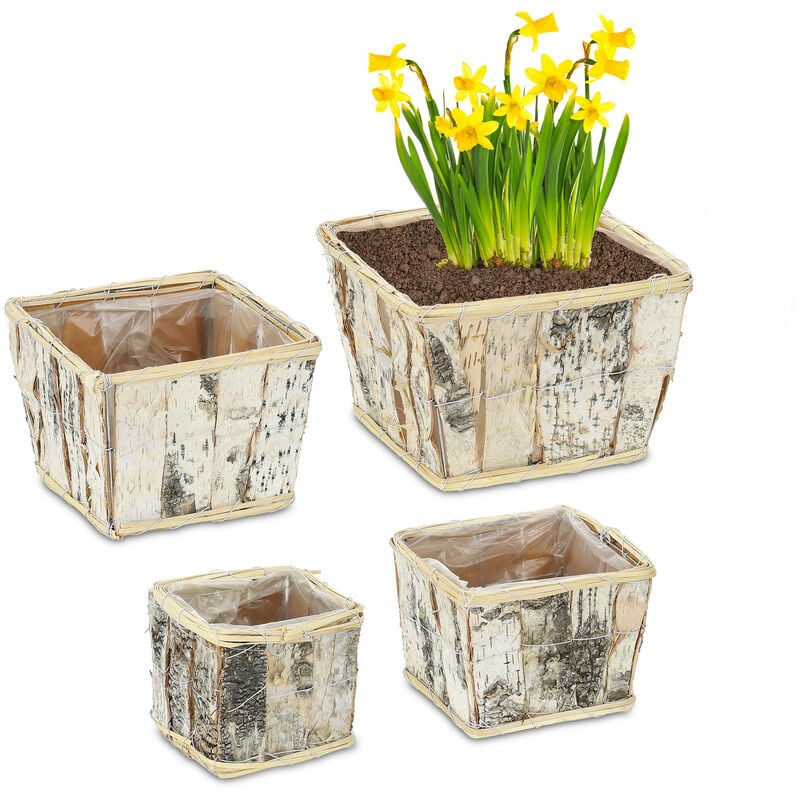 Relaxdays - 4 pots de fleurs carrés, chacun ayant une taille différente et un film, intérieur/extérieur, blanc/nature