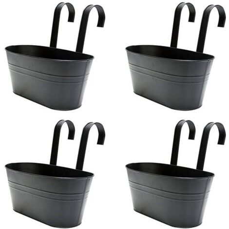 4 Pots de Fleurs Suspendus en Métal avec Trou de Drainage, Idéal pour Balcon, Noir avec Crochet Amovible
