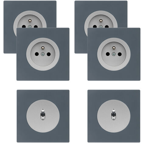 4 prises 2P+T + 2 va-et-vient ALU glossy DOM + 6 plaques simples blue grey - FONTINI