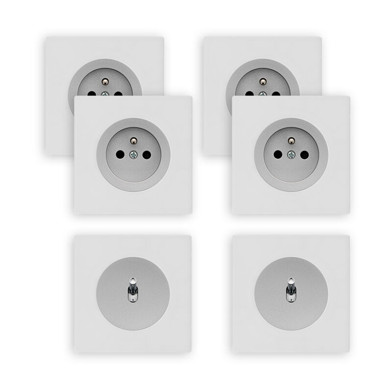 4 prises 2P+T + 2 va-et-vient alu glossy dom + 6 plaques simples blanc Fontini