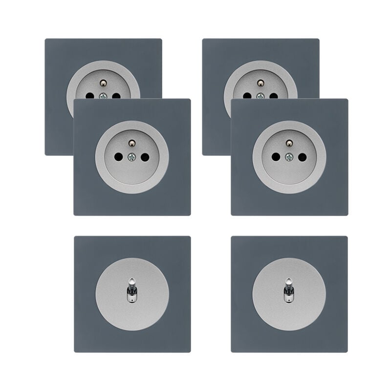 Fontini - 4 prises 2P+T + 2 va-et-vient alu glossy dom + 6 plaques simples blue grey