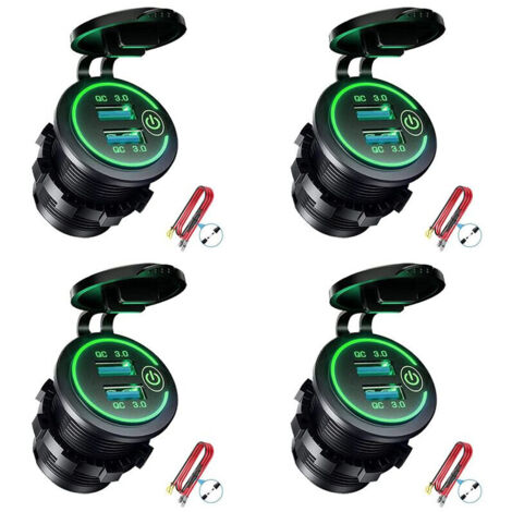 4 prises charge QC 3.0 double USB étanches 12V/24V avec interrupteur tactile Vert pour voiture bateau moto