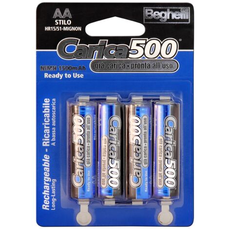 4 pz Beghelli carica 500 batterie pile stilo ricaricabili mAh 1500 AA 1,2V