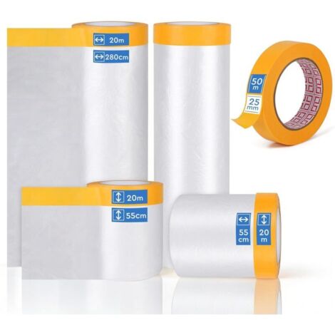 4 Rouleaux de Bache Protection Peinture avec Ruban Masquage Adhésif 280 cm x 20 m x 1, 150 cm x 20 m x 1, 55 cm x 20 m x 2 de Film de Masquage et 1 Masking Tape 25 mm x 50 m