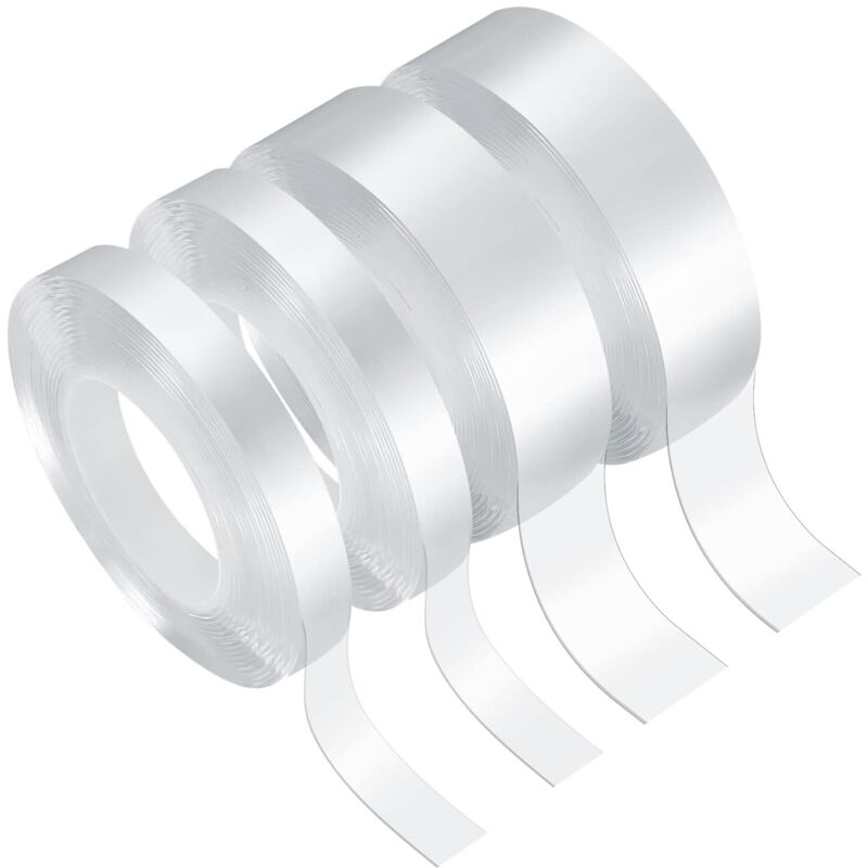4 Rouleaux Ruban Adhésif Double Face ​Extra Fort Transparent, Ruban Adhésif Réutilisable Puissant Sans Trace Lavable Et Détachable pour Tapis, Cadre