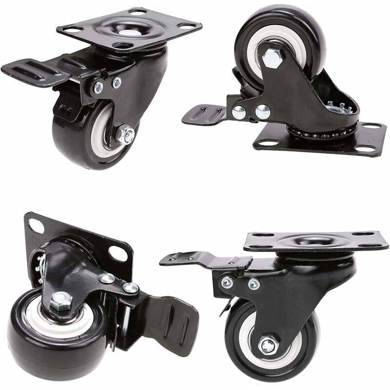 4 Roulettes pivotantes avec frein 50mm en Caoutchouc Castor Roues pour Meubles avec Capacité de 400kg, Noir