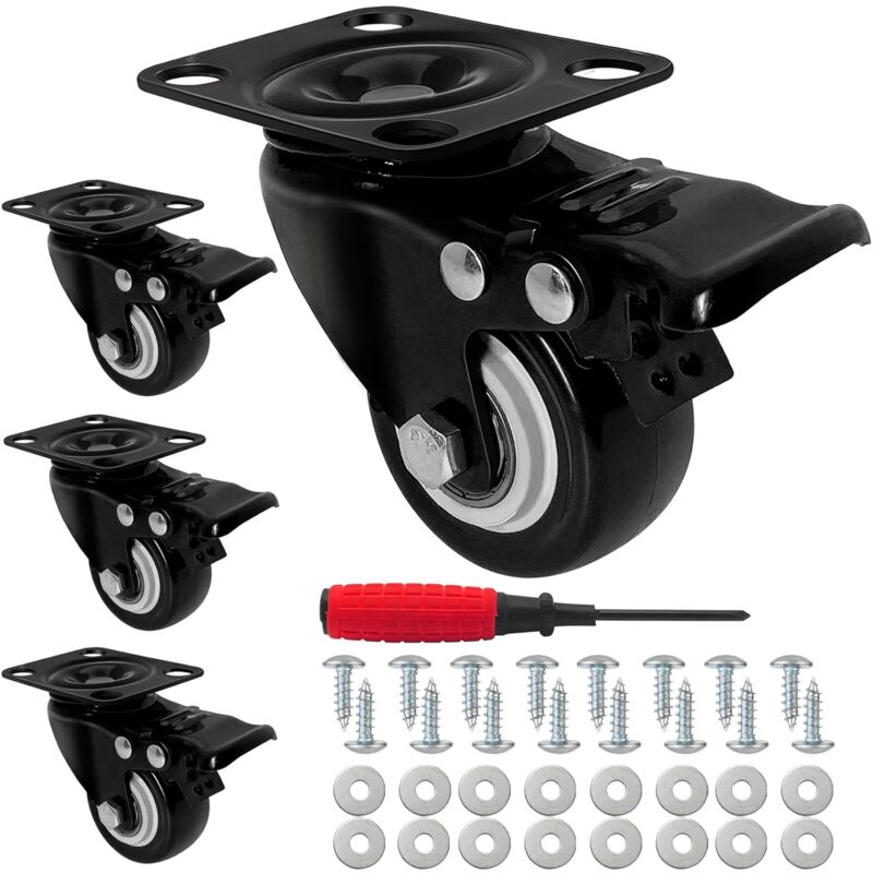 Ineasicer - 4 roulettes pivotantes avec frein, roulettes en caoutchouc de 50 mm, capacité de charge 280 kg (noires)