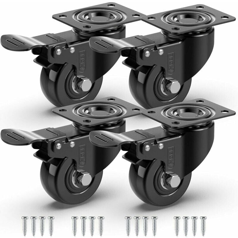 Lablanc - 4 Roulettes Pivotantes Pour Meubles avec Frein + Vis - 50mm Jusqu'à 200KG - Roulette Sans Traces au Sol pour Charge Lourde - Roue en