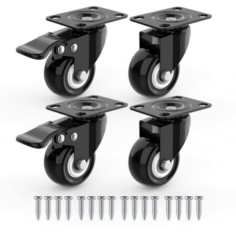 4 Roulettes Pivotantes Pour Meubles dont 2 avec Frein + Vis - 50mm Jusqu'à 100KG - Roulette Sans Traces au Sol pour Charge Lourde - Roue en Caoutchouc pour Chariot - Noires
