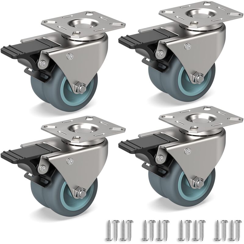 4 Roulettes Pivotantes Pour Meubles, Double roulettes lourdes avec frein + Vis - 50mm Jusqu'à 160KG - Roue en Caoutchouc pour Chariot npterbl
