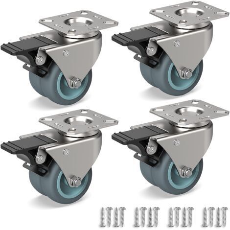 4 Roulettes Pivotantes Pour Meubles, Double roulettes lourdes avec frein + Vis - 50mm Jusqu'à 160KG - Roue en Caoutchouc pour Chariot