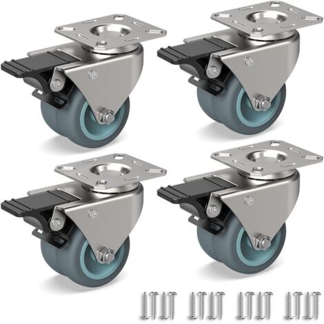 4 Roulettes Pivotantes Pour Meubles, Double roulettes lourdes avec frein + Vis - 50mm Jusqu'à 160KG - Roue en Caoutchouc pour Chariot