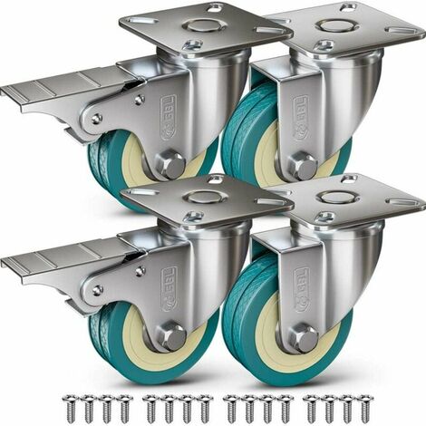 4 Roulettes pour Meubles 200KG + 16 Vis, Roulettes Pivotantes 50mm Avec Frein et Sans Frein, Roues Plaques Industrielles Transport
