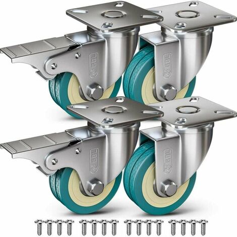 4 Roulettes pour Meubles 200KG + 16 Vis, Roulettes Pivotantes 50mm Avec Frein et Sans Frein, Roues Plaques Industrielles Transport
