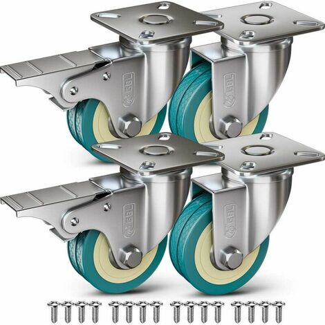 4 Roulettes pour Meubles 200KG + 16 Vis, Roulettes Pivotantes 50mm Avec Frein et Sans Frein, Roues Plaques Industrielles Transport
