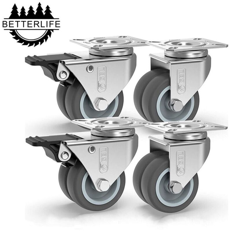 KZQ - 4 Roulettes pour Meubles 400KG , Roulettes Pivotantes 50mm Avec Frein et Sans Frein, Roues Plaques Industrielles Transport