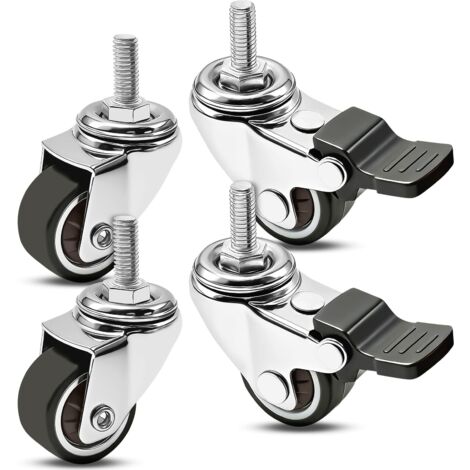 4 ruedas giratorias para muebles de 25 mm con 2 frenos, ruedas giratorias para muebles con vástago roscado M6x15mm, silenciosas, antideslizantes, para sillas giratorias de 360 grados, protegen los sue