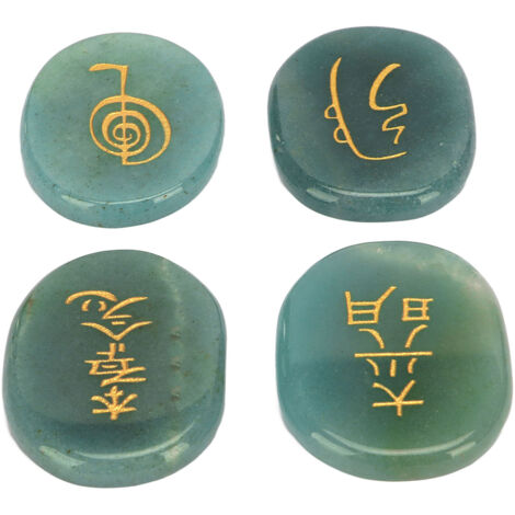 4 Runes en Pierre Naturelle pour la Méditation et le Reiki avec Sac en Aventurine Verte