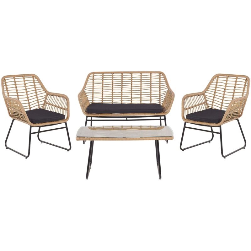Beliani - Garden Conversation Set Seat Pads Black 4 Seats Coffee Table Pe Rattan Glass Top