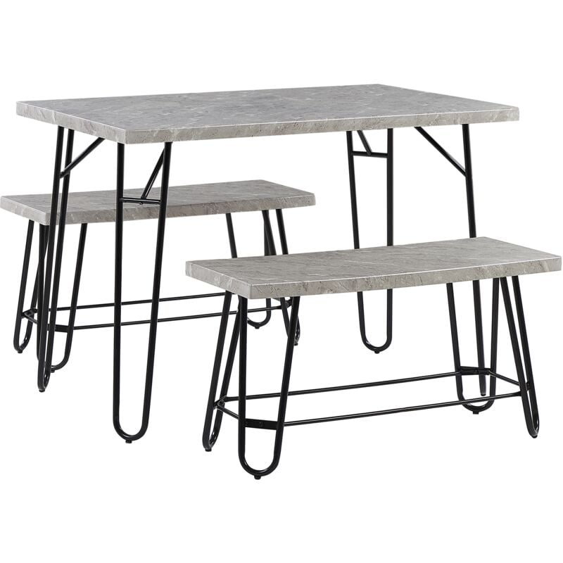 Beliani - Dining Room Set Table 2 Benches 4 People Marble Veneer Grey and Black Kempton