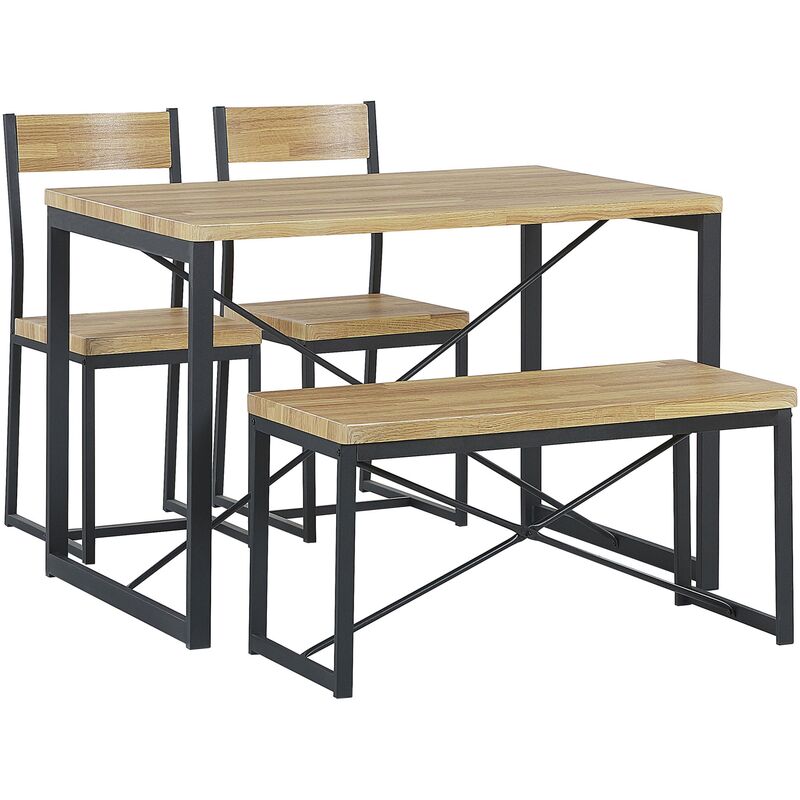 Industrial Dining Kitchen Set Table 2 Chairs Bench Light Wood with Black Flixton - Light Wood