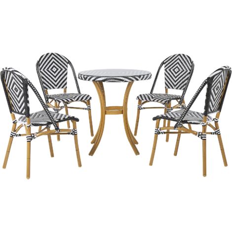 4 Seater Garden Dining Set Black and White PE Rattan Round Table and Chairs Aluminium Frame - Black