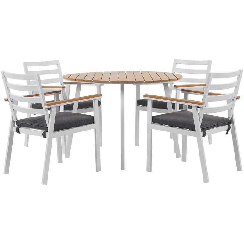 Beliani Garden Dining Set Light Wood With Grey Cushions Aluminium Table 4 Chairs Cavoli