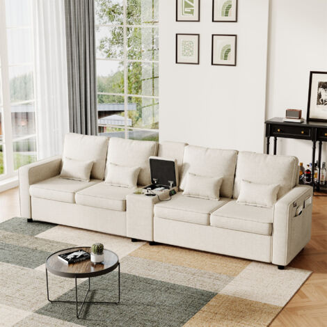 4-Seater Modern Linen Sofa with Storage Console & Charging Ports - Minimalist Couch with Side Pockets, Cup Holders (USB/Type-C) for Living Room/Apartment/Office, Beige