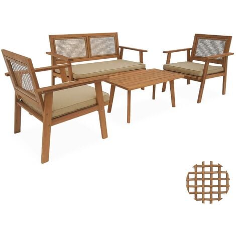 4-seater wooden and cane rattan garden sofa set, Bohemia, 117x64x74 cm
