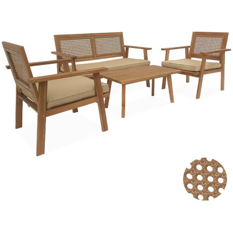 4-seater wooden and cane rattan garden sofa set, Bohemia, Brown and Beige, 117x64x74 cm