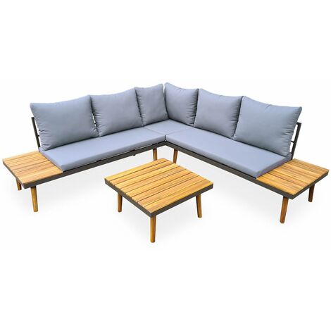 4 seater wooden garden sofa set - Cachi - Alice's Garden - grey cushions, corner sofa, acacia side tables and coffee table base, aluminium structure - Anthracite