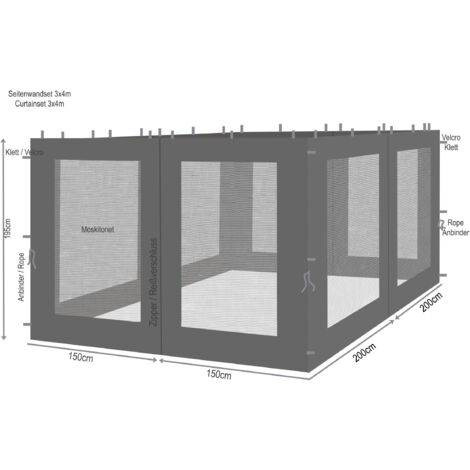 4 Seitenteile mit Moskitonetz für Rank Pavillon 3x4m Seitenwand Anthrazit RAL 7012