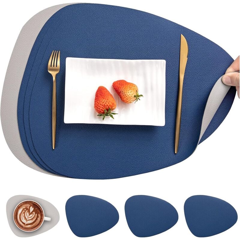 Jn.songs - 4 Set de Table et Dessous de Verre Antidérapant Imperméables pour Intérieur Cuisine Table à Manger Fête - Bleu