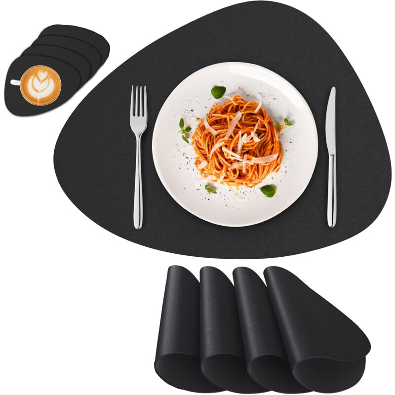 4 Set de Table et Dessous de Verre Antidérapant Imperméables pour Intérieur Cuisine Table à Manger Fête - Noir