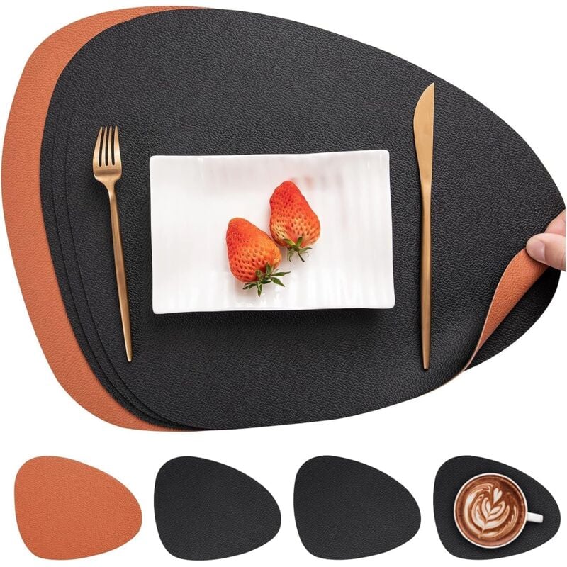 Jn.songs - 4 Set de Table et Dessous de Verre Antidérapant Imperméables pour Intérieur Cuisine Table à Manger Fête - Marron