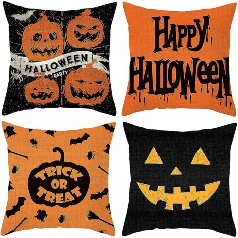 4 Set Housse De Coussin Halloween 45  45cm, Noir Orange, Taie D'oreiller Carr Coussin Protecteur Fermeture Clair Invisible Pour Canap Chambre Sal