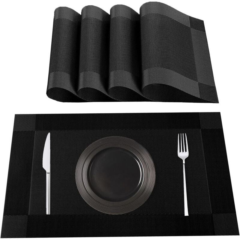 4 Sets de Table pvc Antidérapant Lavable Résiste Rectangulaire pour Cuisine Table à Manger - Noir