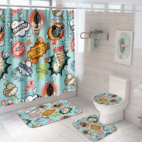 Duschvorhang Teppich Matte Set Podest Putzlappen Toilettensitz Deckel Bad Dekors 