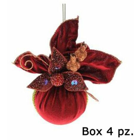 4 sfere con tessuto per albero natale Ø8 cm - colore rosso/arancio - decorazione addobbo natalizio