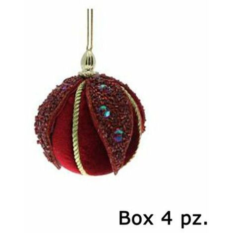 4 sfere decorate per albero natale Ø8 cm - colore rosso/arancio - decorazione addobbo natalizio