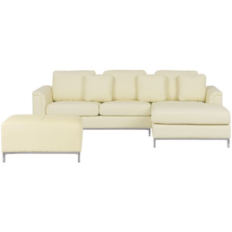 4-Sitzer Ecksofa mit Ottomane Hellbeige Echtleder Gesteppt L-Förmig Linksseitig 3 Dekokissen Modernes Design Wohnzimmer Ledersofa Leder-Ecksofa
