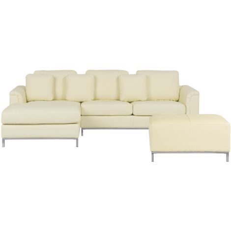 4-Sitzer Ecksofa mit Ottomane Hellbeige Echtleder Gesteppt L-Förmig Rechtsseitig 3 Dekokissen Modernes Design Wohnzimmer Ledersofa Leder-Ecksofa