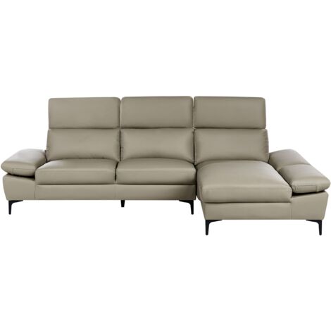 4-Sitzer Ecksofa Taupe Echtleder L-Förmig mit Chaiselongue Linksseitig Verstellbare Kopfstützen und Armlehnen Dicke Sitzkissen Wohnzimmer Sofa