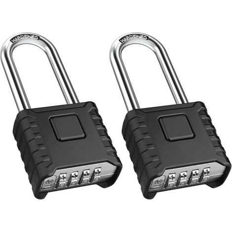 4-Stelliges Schwer Zahlenschloss mit Langem Schäkel, Wasserdicht und Robust Vorhängeschloss aus 304 Edelstahl, Ein-Knopf-Entriegelung, für Hof, Zaun, Garagen, Tore - 2 Pack Schwarz