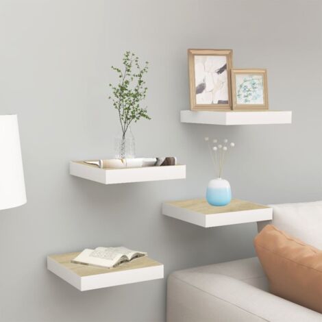 4 Stk. Wandregale，Schweberegale，Wandboard Eichenoptik und Weiß 23x23,5x3,8 cm MDF VMEC722007 BonneVie