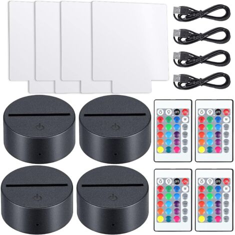 4 Stück 3D-Nacht-LED-Lampensockel mit 4 transparenten Acrylplatten und Fernbedienungen und Ladekabeln, verstellbar, 16 Farben, 4 Modi für Kinderzimmer, Bar(quadratischer Stil)