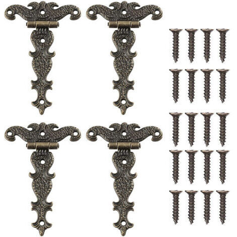 4 Stück dekorative Vintage-Scharniere aus geschnitztem Bronze, T-förmige Möbelscharniere für Schranktüren, Werkzeugkiste mit Schrauben